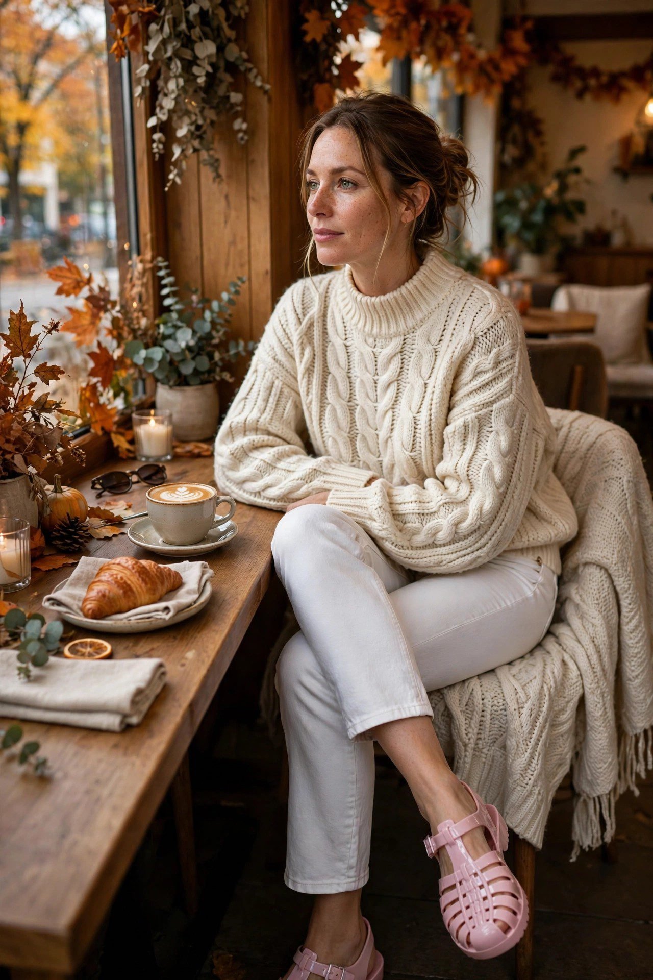 Pastel jelly sandals with cream knit outfit fall