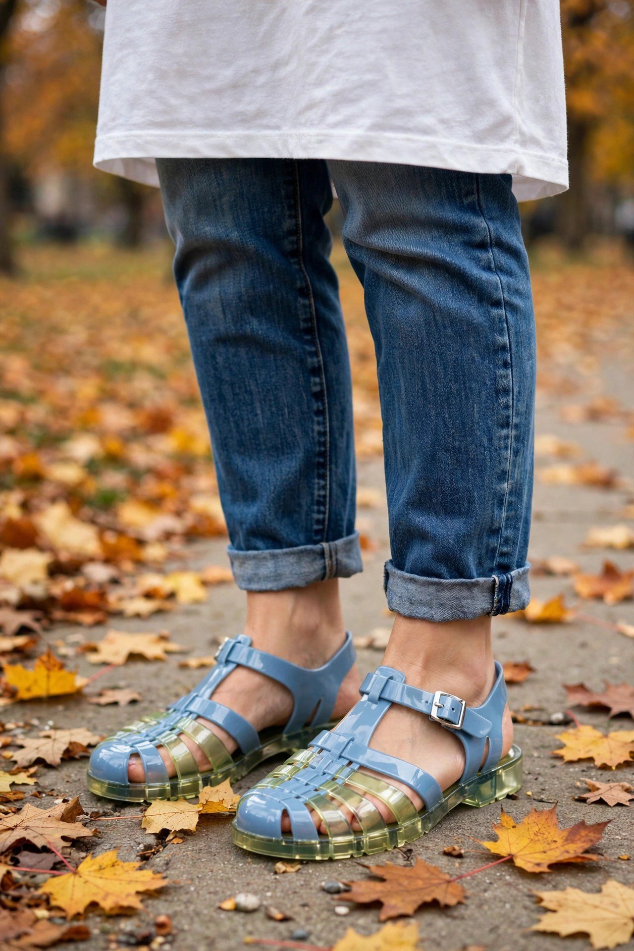 Two-tone jelly sandals with denim dress fall outfit