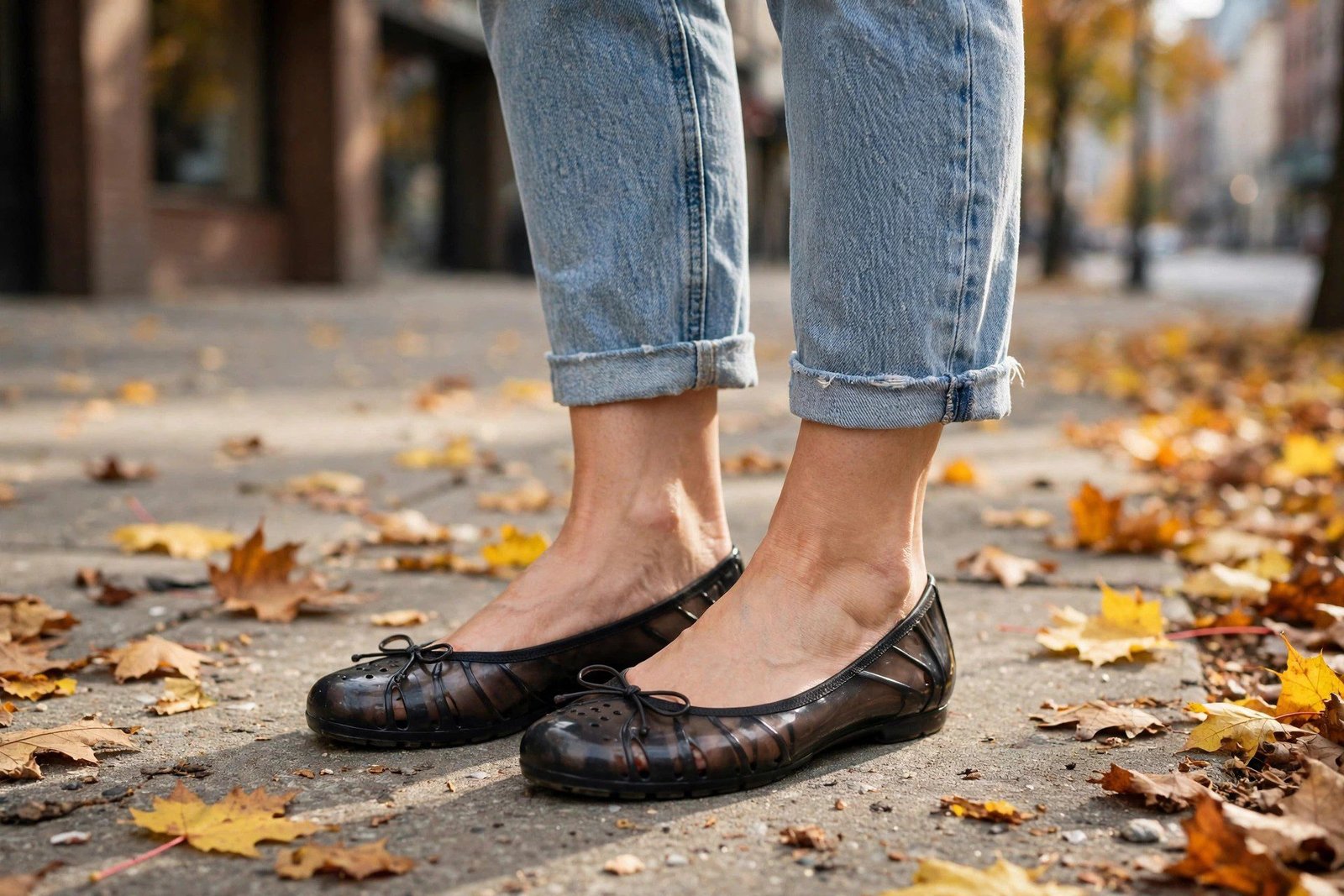Black jelly ballet flats with cropped jeans fall outfit