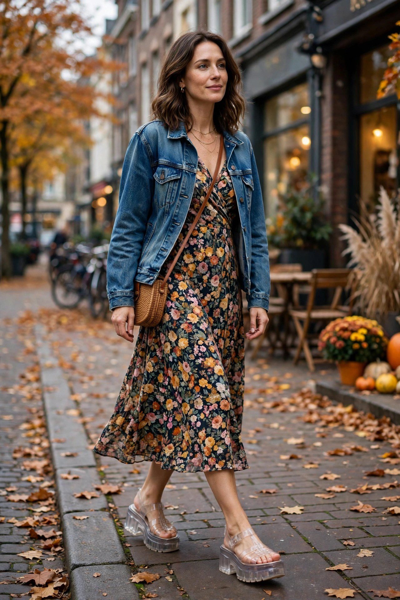 Platform jelly sandals with floral midi dress fall
