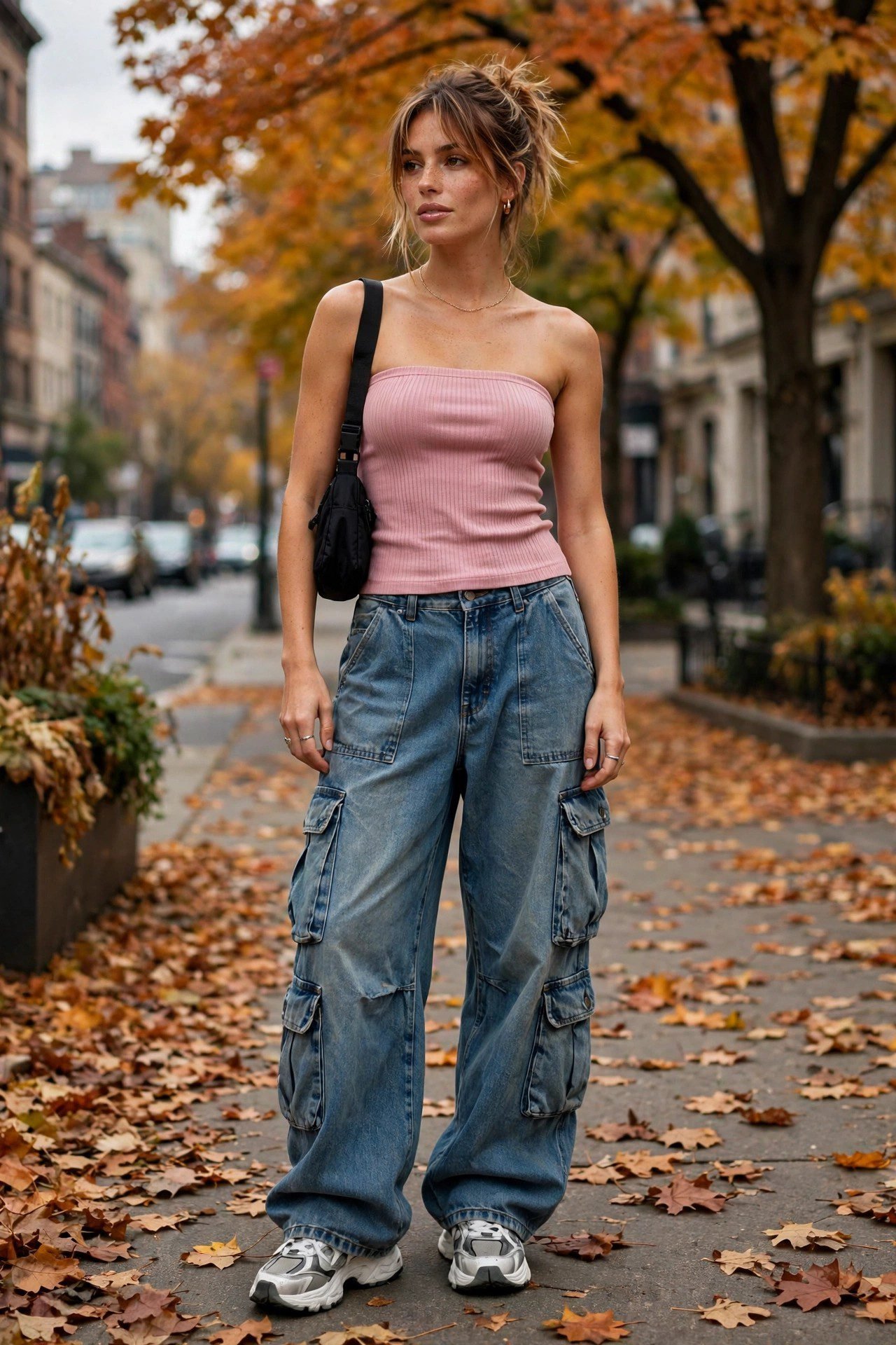 Tube top with baggy cargo jeans 2000s outfit