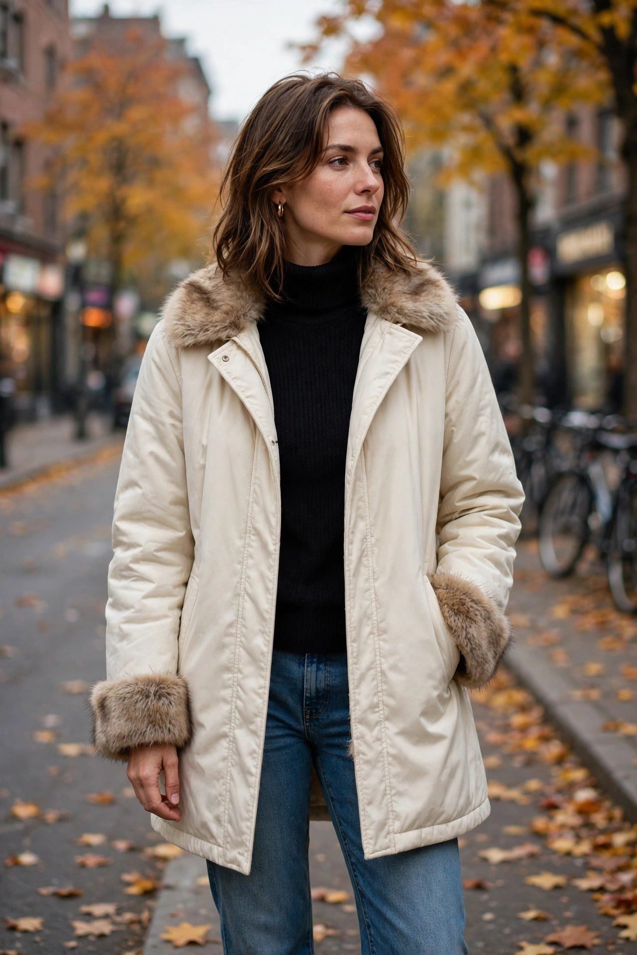 Faux fur trim coat with jeans 2000s fall outfit