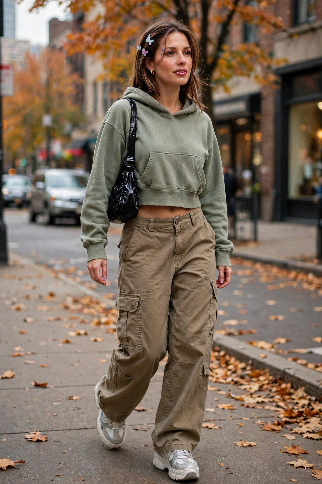 Cargo pants with cropped hoodie 2000s fall outfit