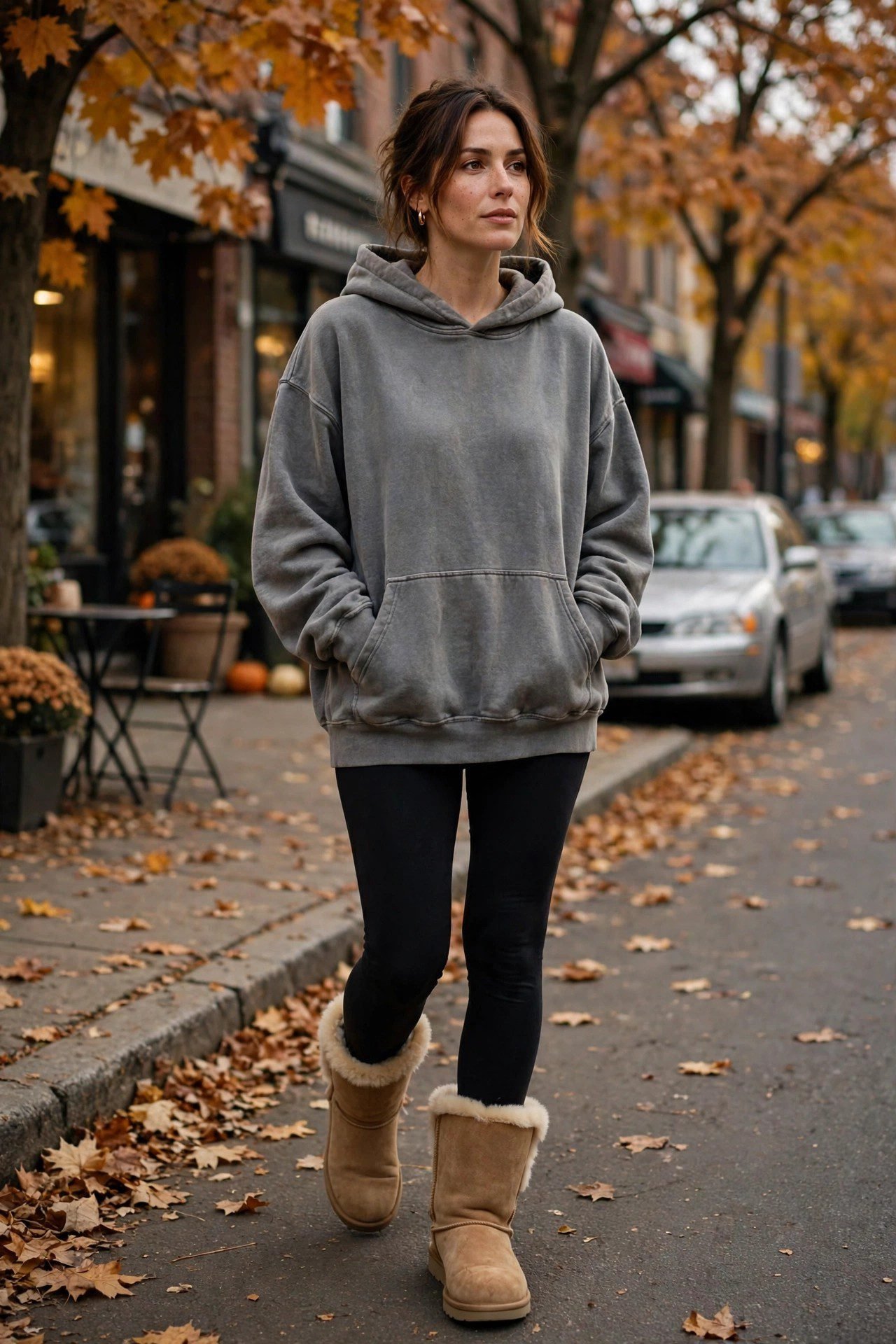 Ugg boots with leggings and oversized hoodie 2000s outfit
