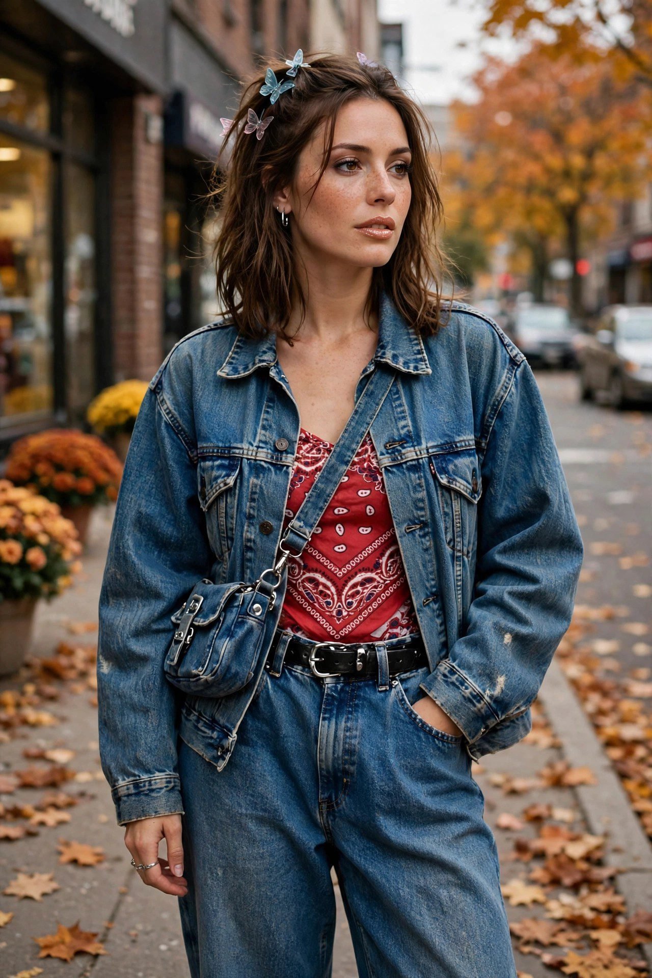 Denim on denim outfit with bandana top 2000s style