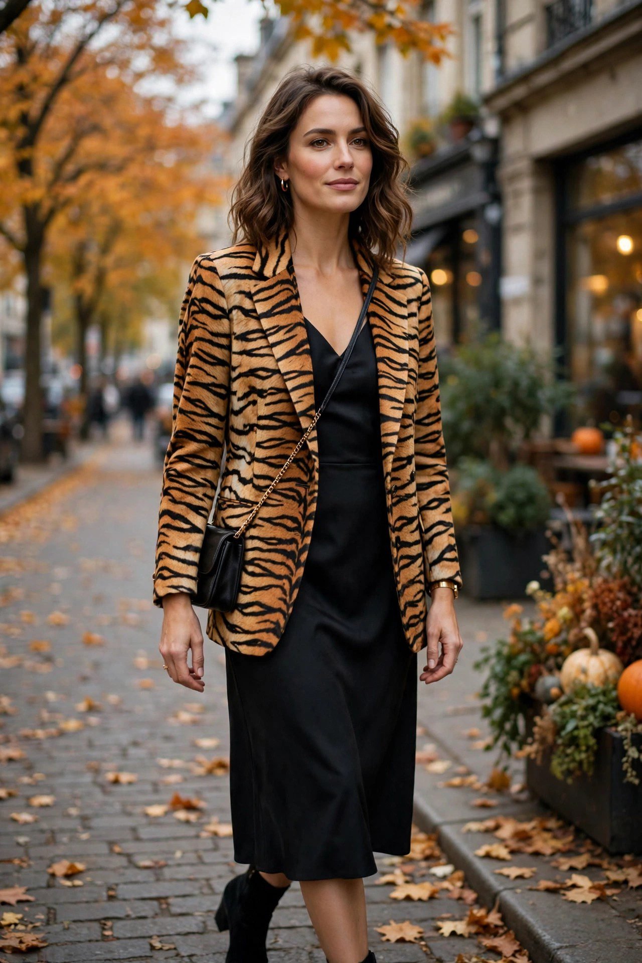 Tiger print blazer over black dress fall outfit