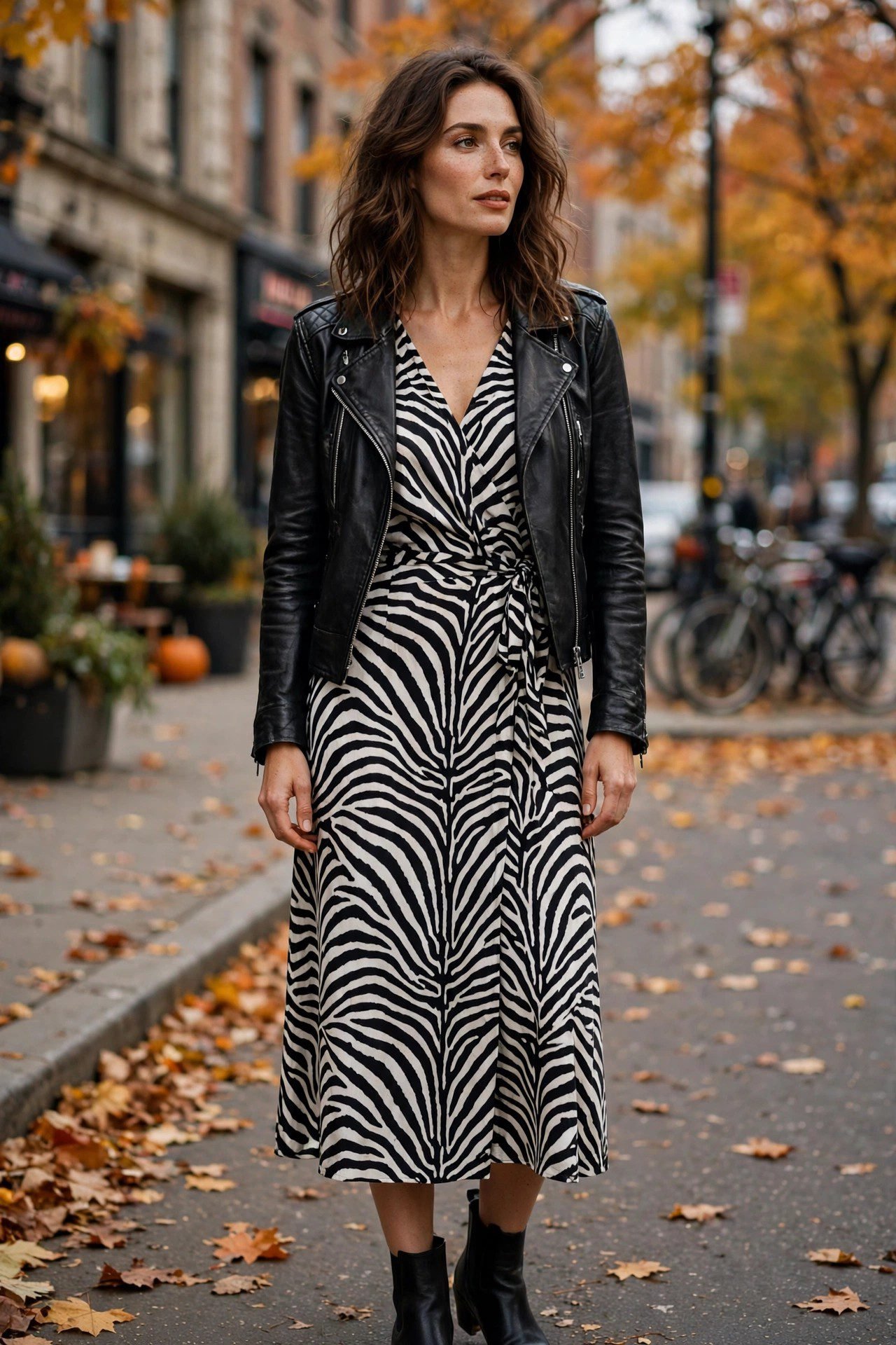 Zebra midi dress with leather jacket fall outfit