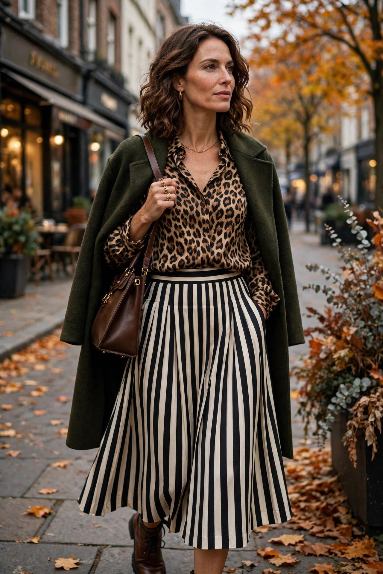 Mixed leopard and stripe print fall outfit