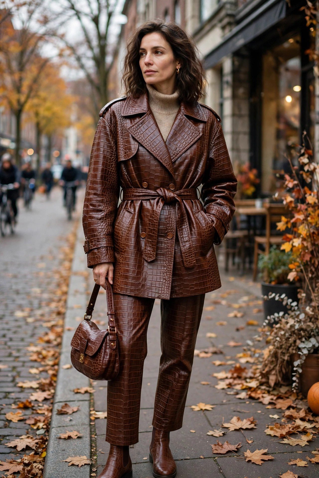 Croc texture boots and bag fall outfit
