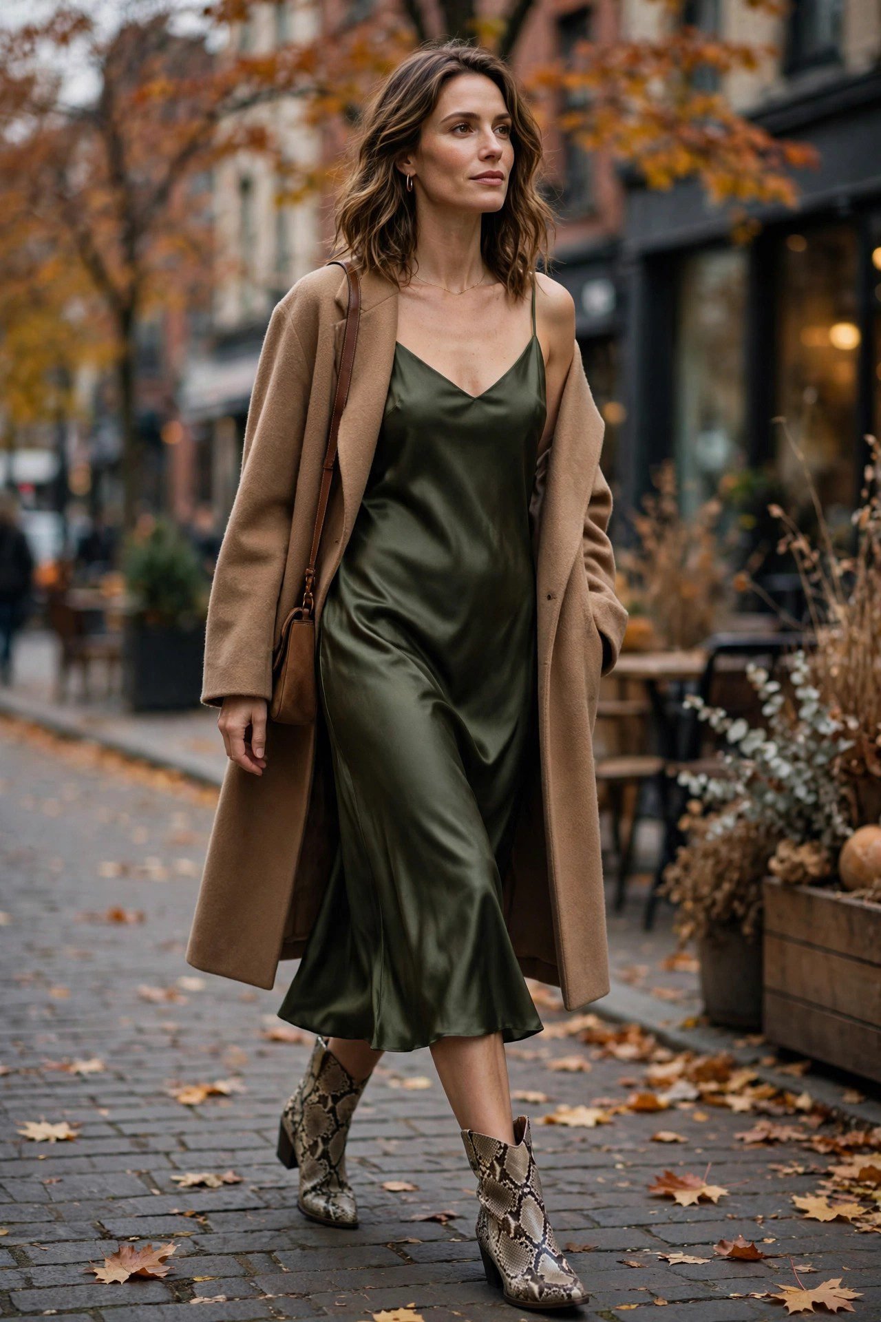 Snakeskin ankle boots with satin slip dress fall