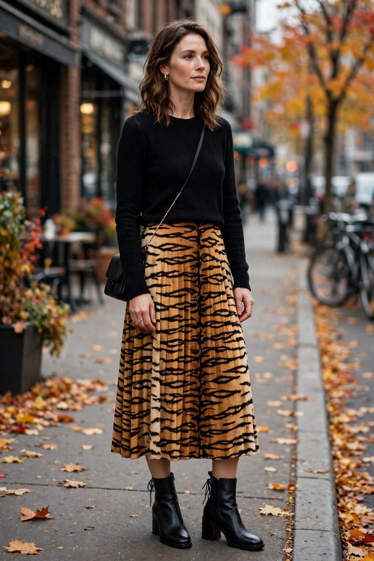 Tiger stripe midi skirt with black turtleneck fall outfit