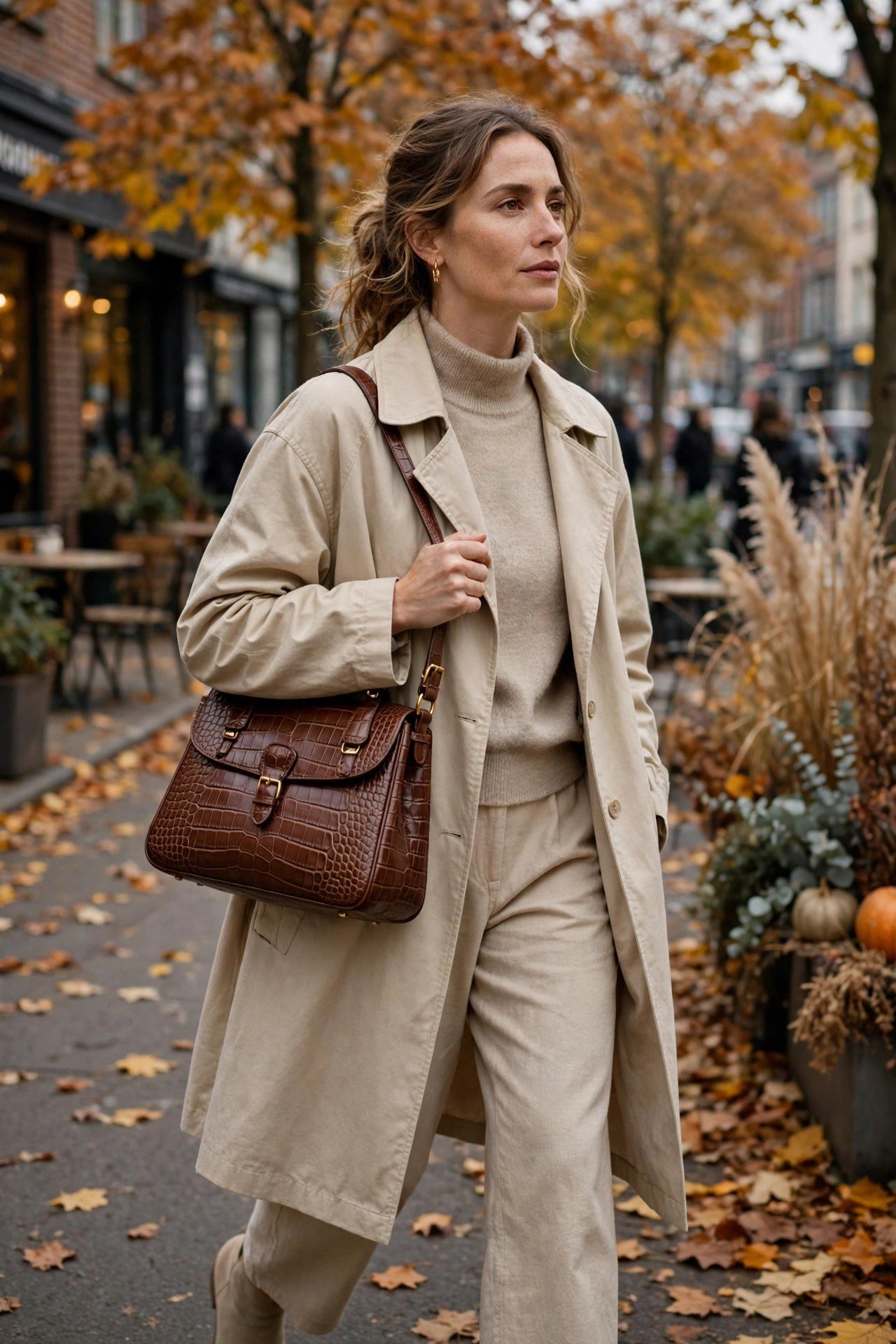 Croc embossed handbag with neutral fall outfit