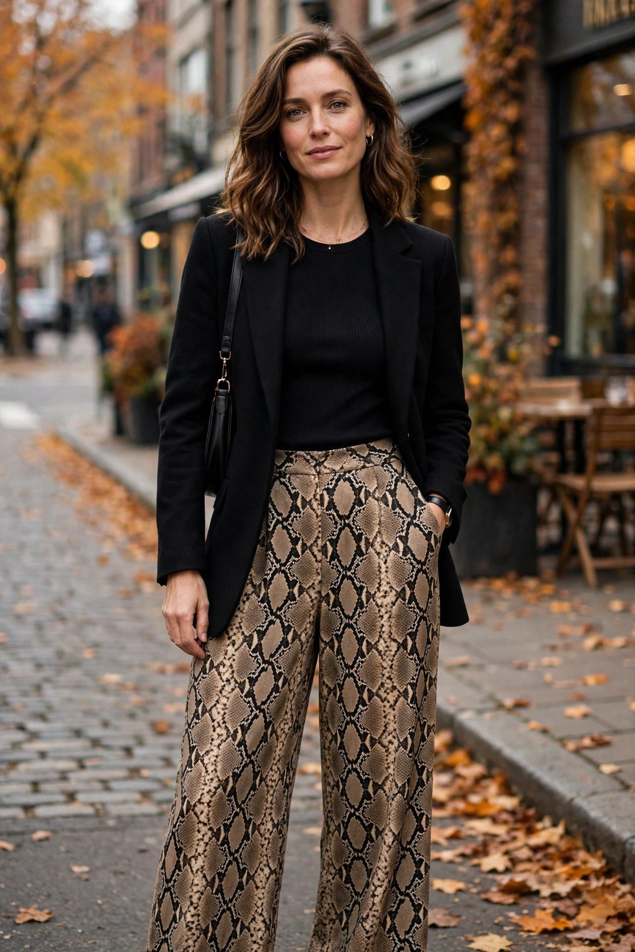 Snake print wide-leg trousers fall outfit with blazer
