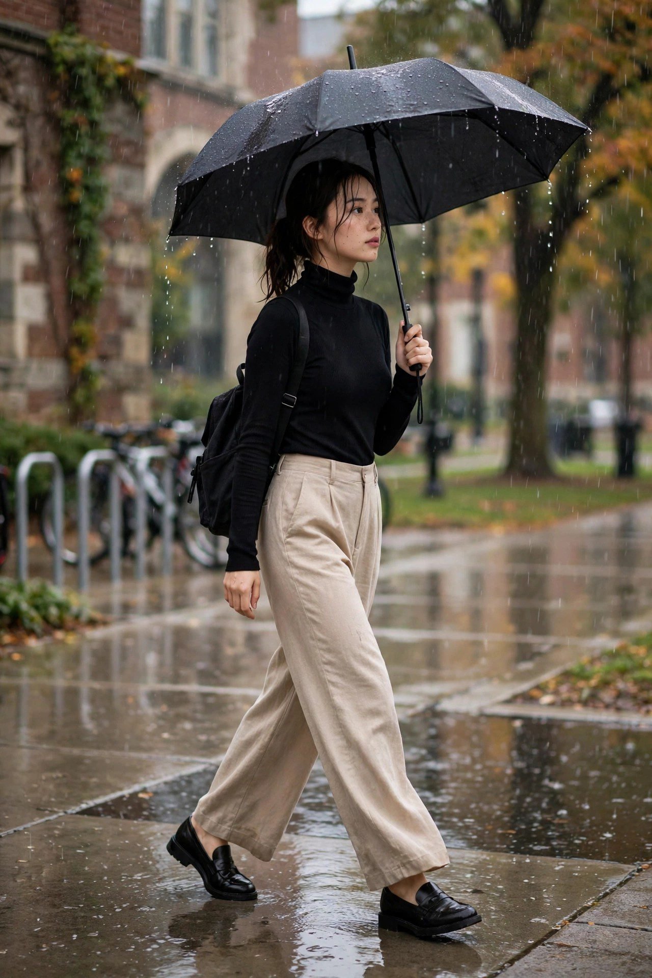 Turtleneck bodysuit with wide leg trousers and loafers college outfit