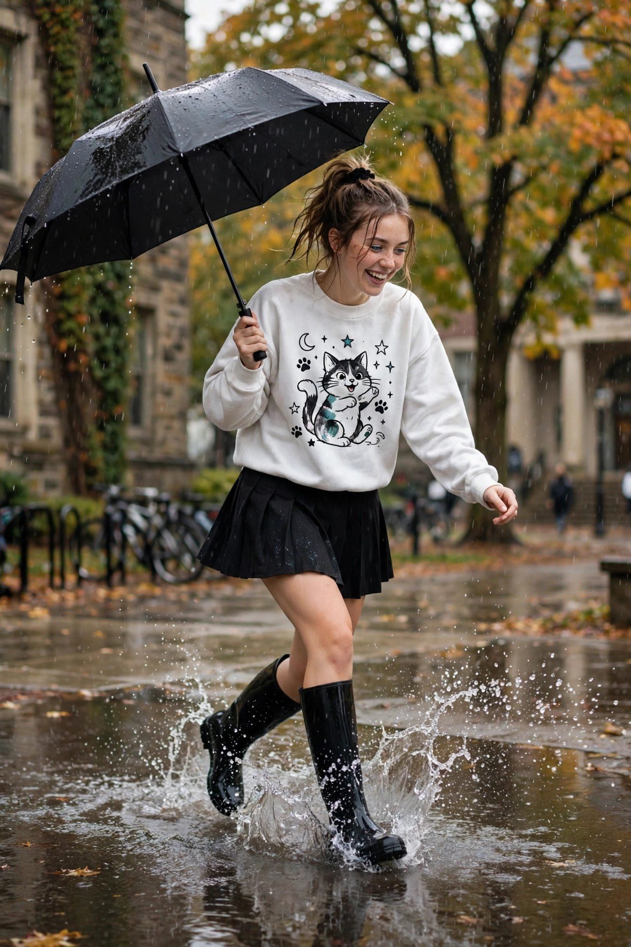 Graphic sweatshirt with pleated skirt and rain boots college outfit