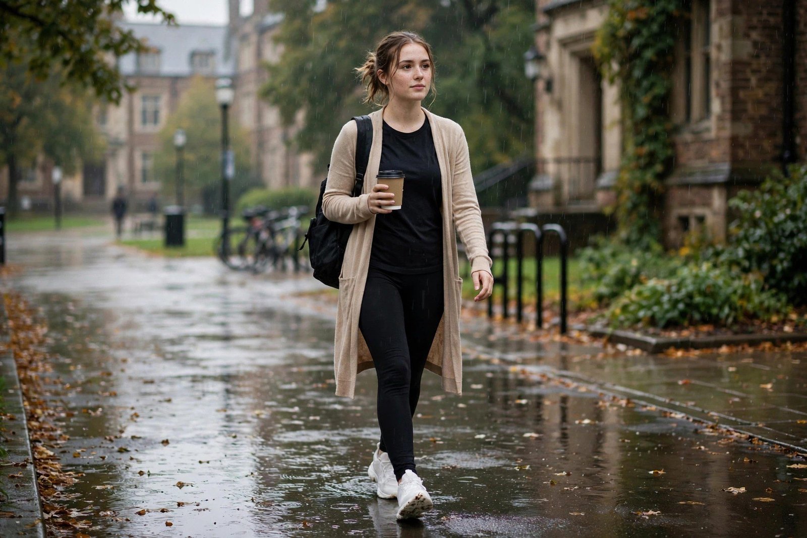 Longline cardigan over athleisure with waterproof sneakers college outfit