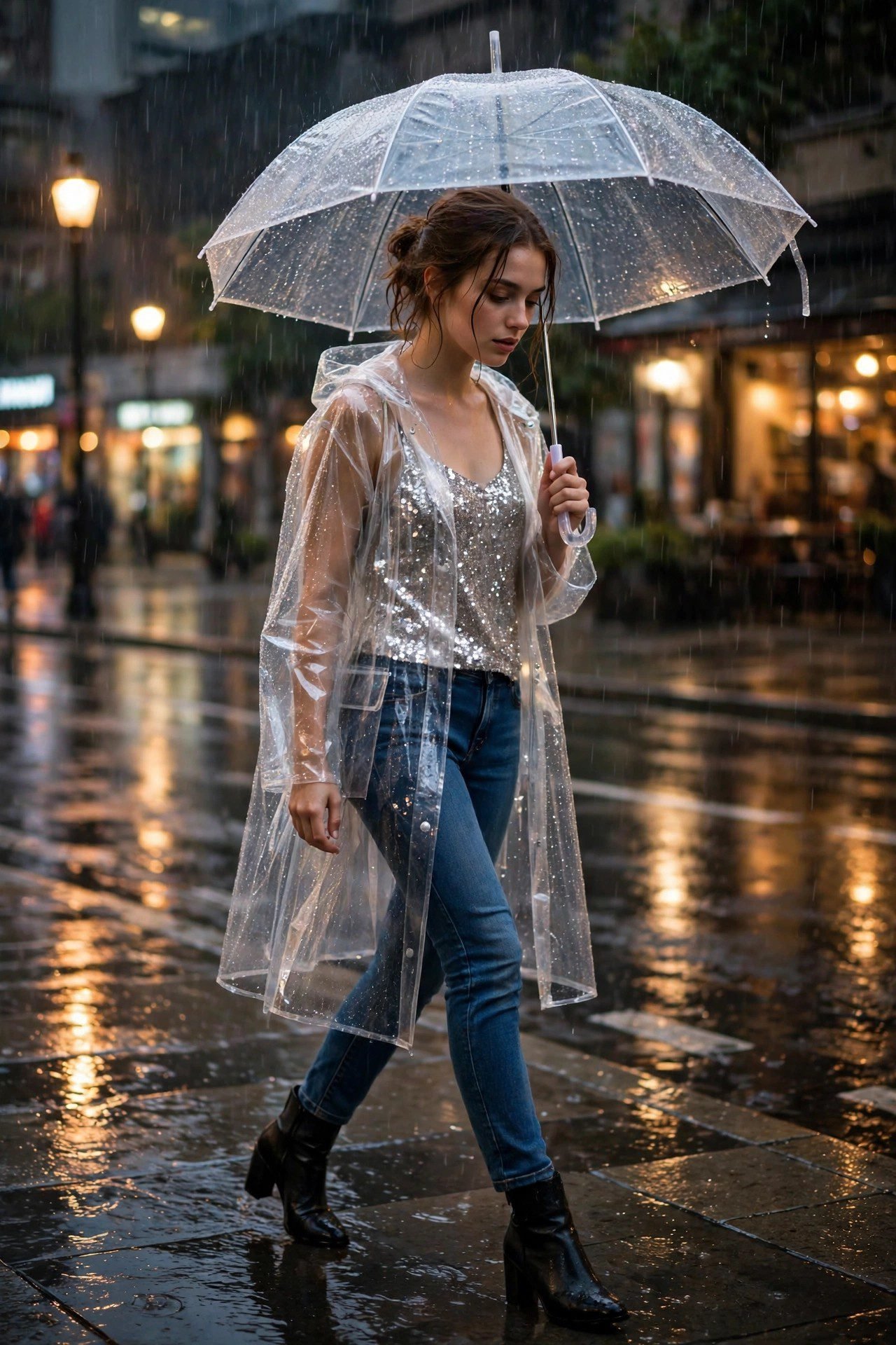 Clear raincoat over going out top and jeans college outfit