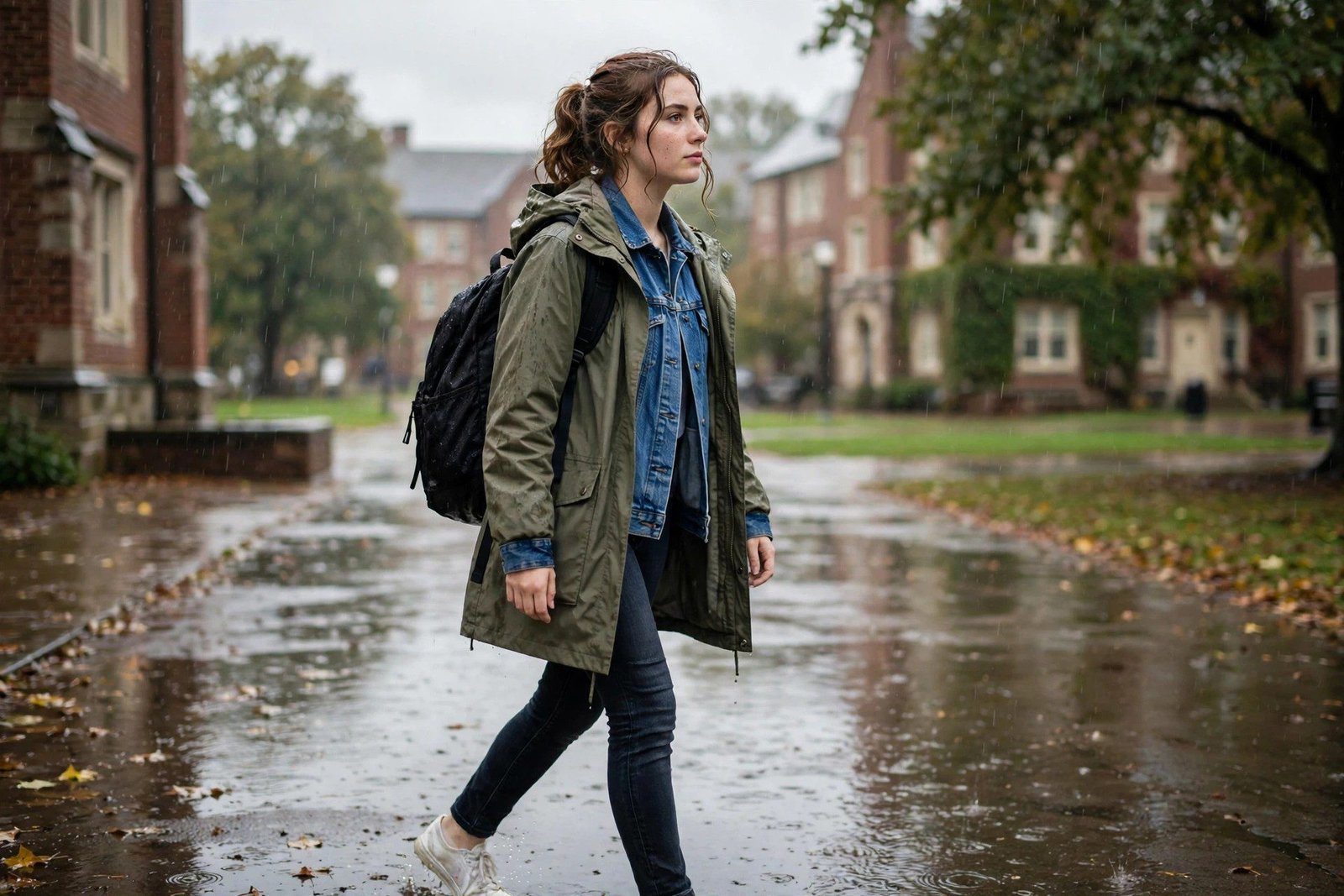 Denim jacket under waterproof parka college outfit