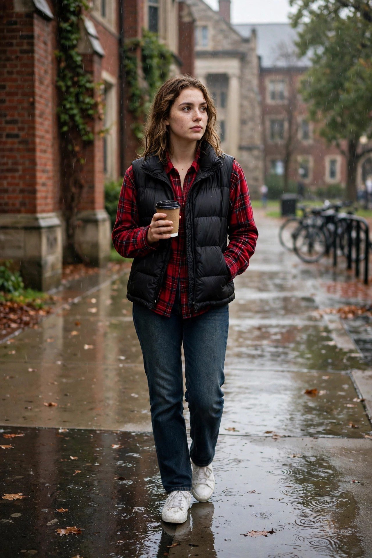 Puffer vest over flannel shirt with jeans college outfit