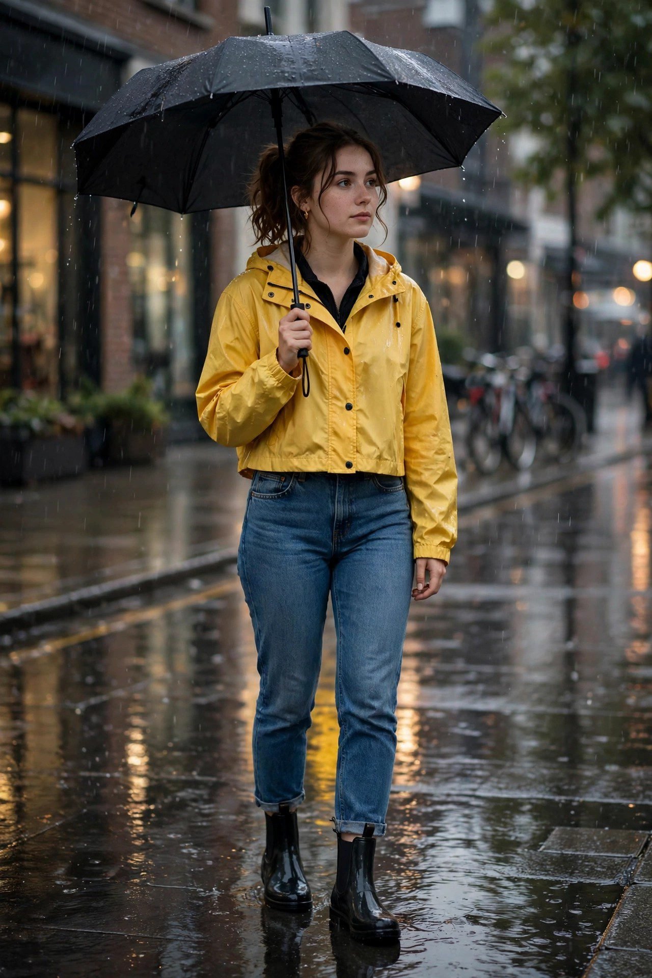 Cropped rain jacket with high waisted jeans and chelsea boots college outfit