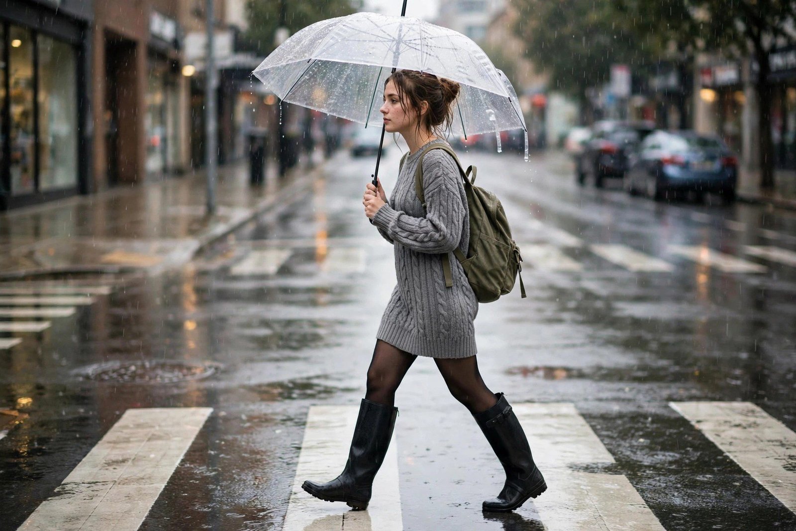 Sweater dress with opaque tights and knee high boots college outfit