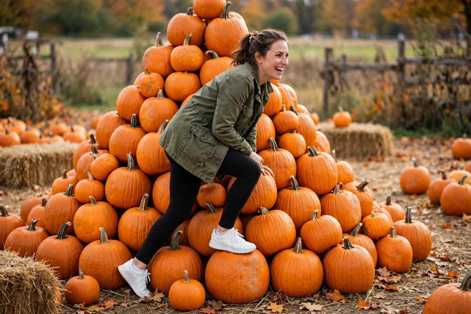 Woman climbing pumpkin display wearing utility jacket and leggings