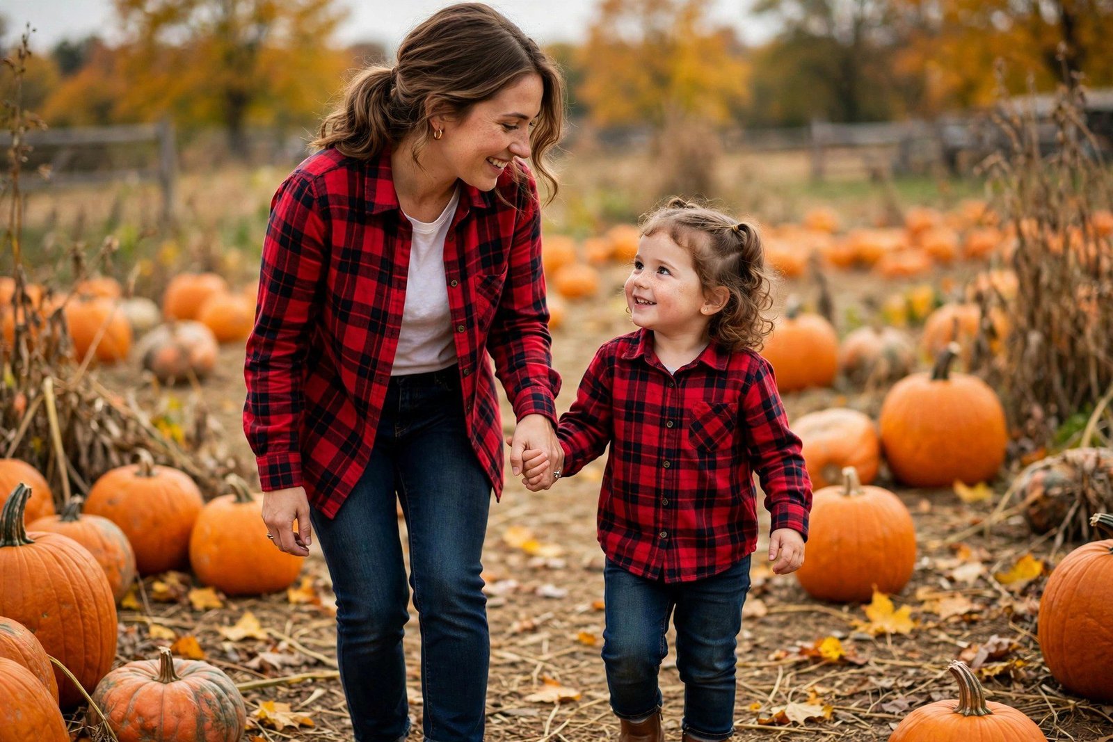 Mom and toddler in matching red plaid shirts and jeans