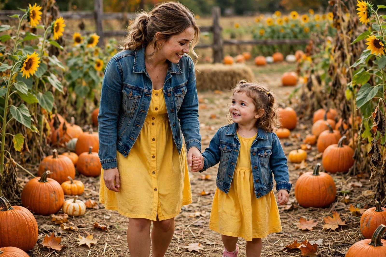 Mom and toddler in sunflower yellow dresses with denim jackets