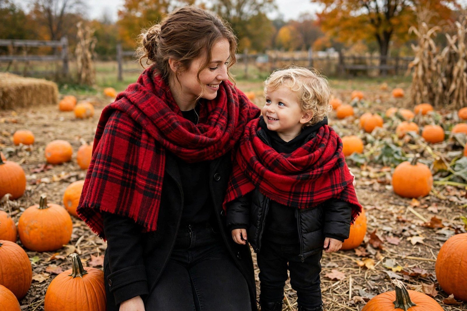 Mom and toddler with matching plaid blanket scarves over black outfits