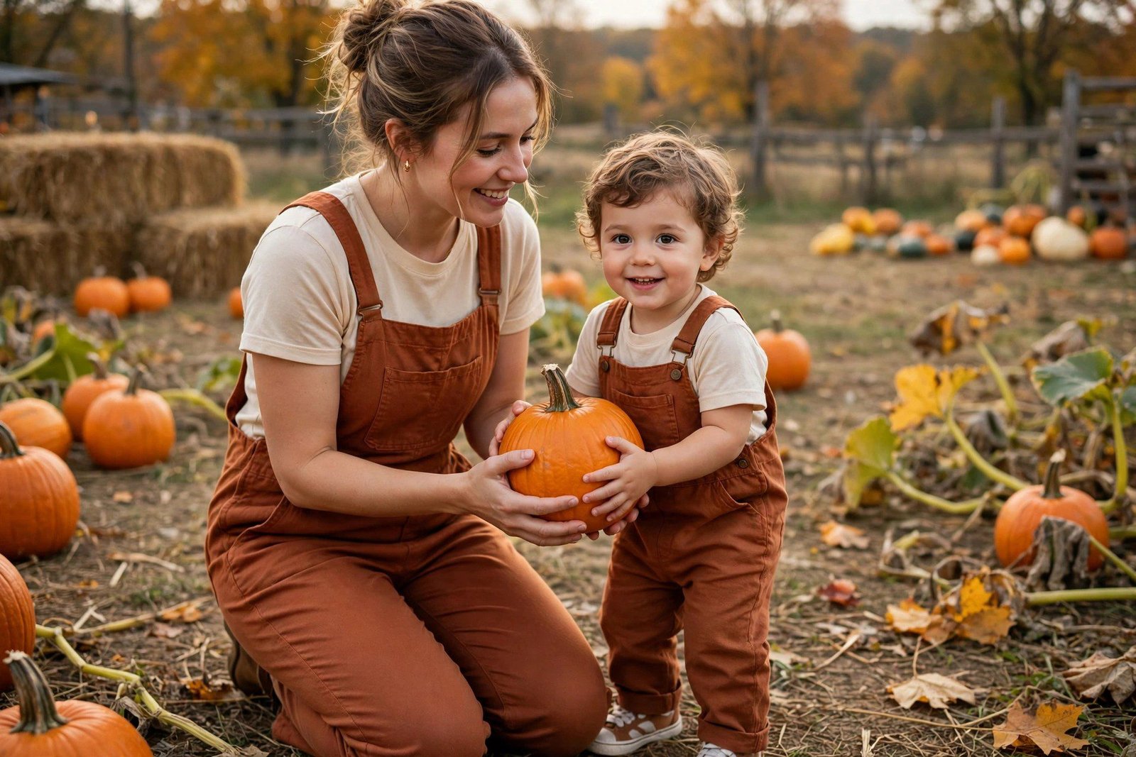 Mom and toddler in rust colored overalls