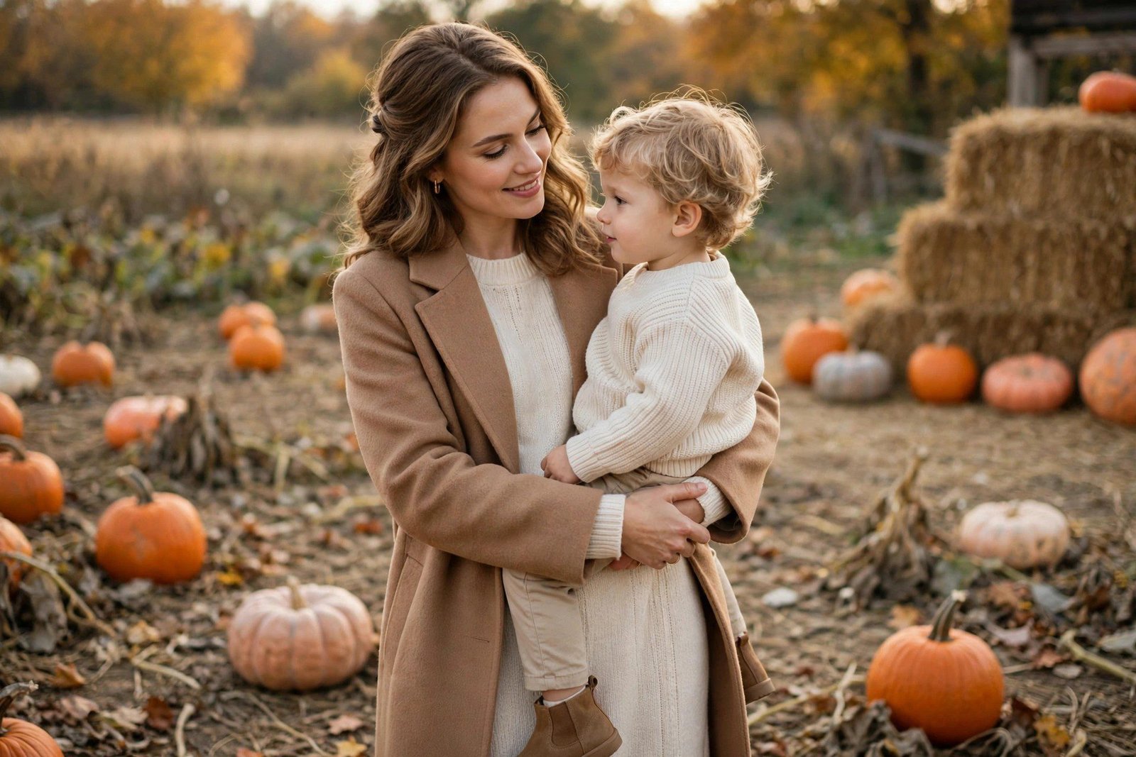 Mom and toddler in cream and camel neutral outfits