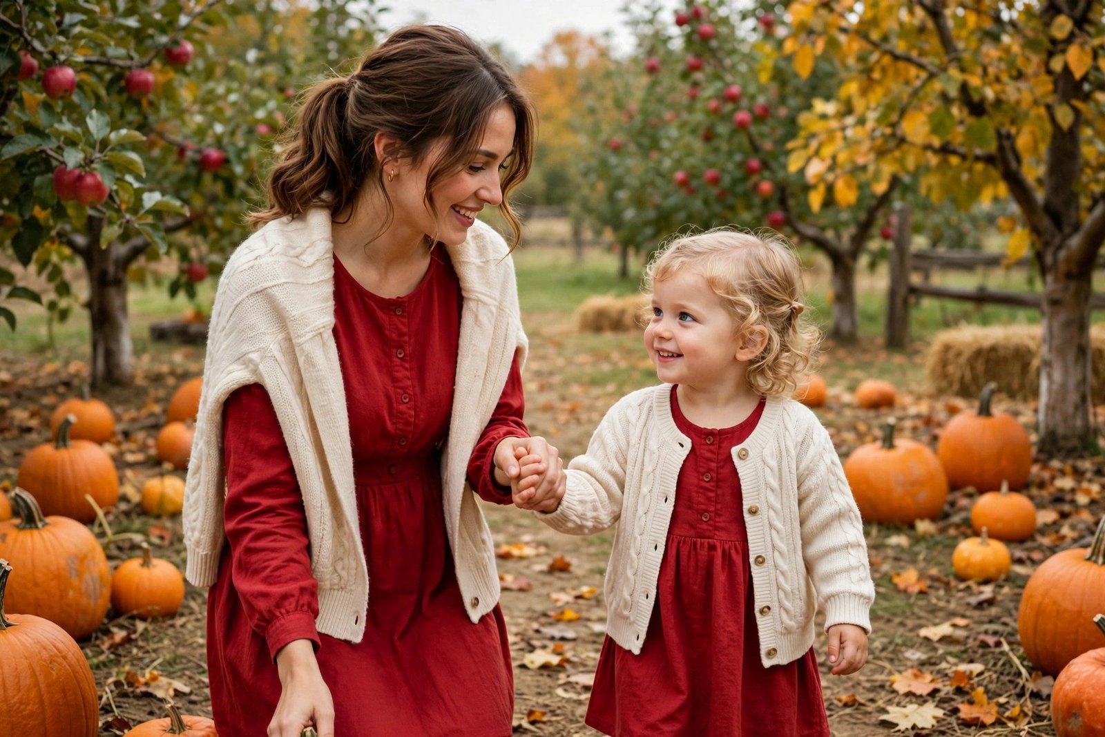 Mom and toddler in red dresses with cardigans at pumpkin patch