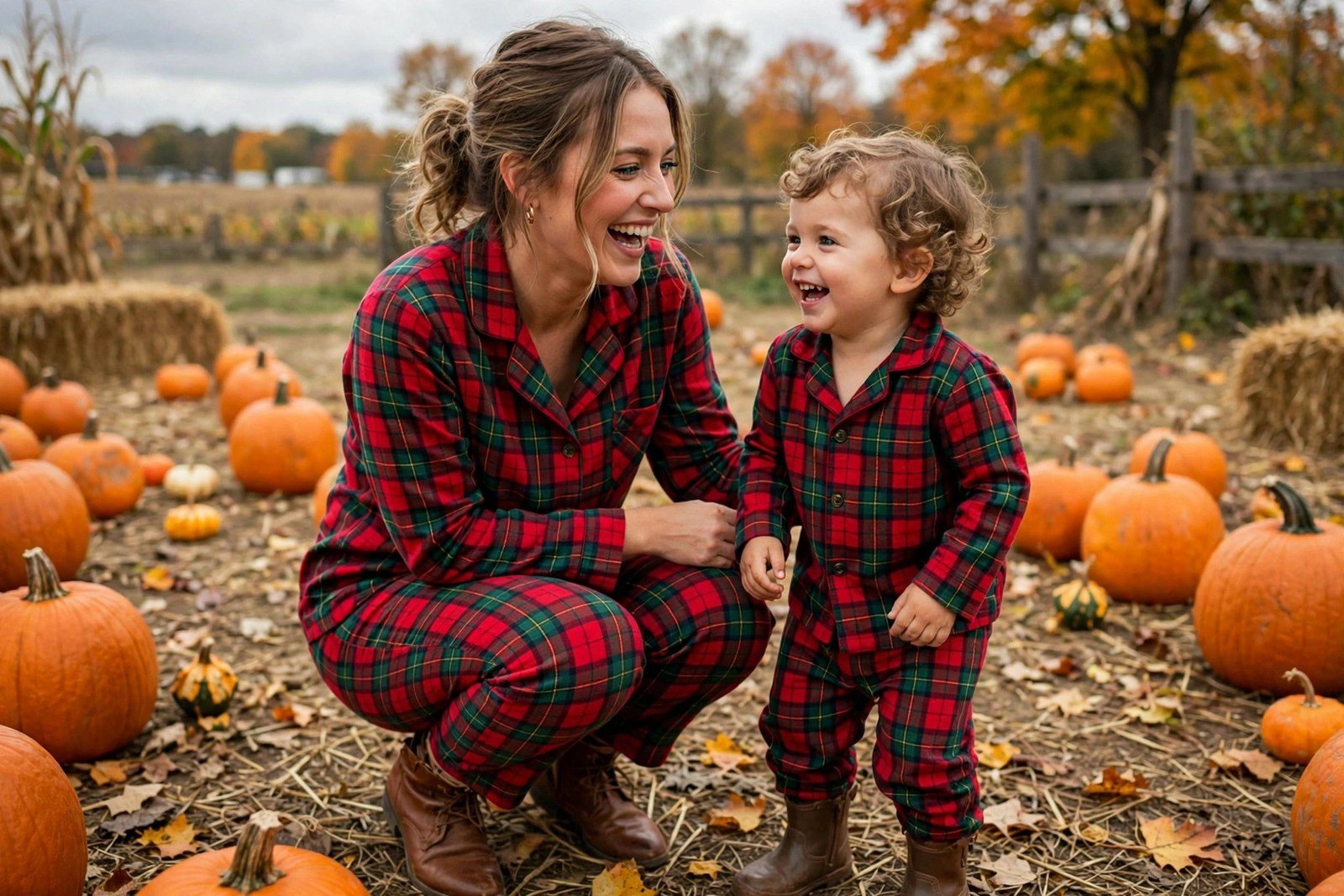 Mom and toddler in matching flannel pajama sets