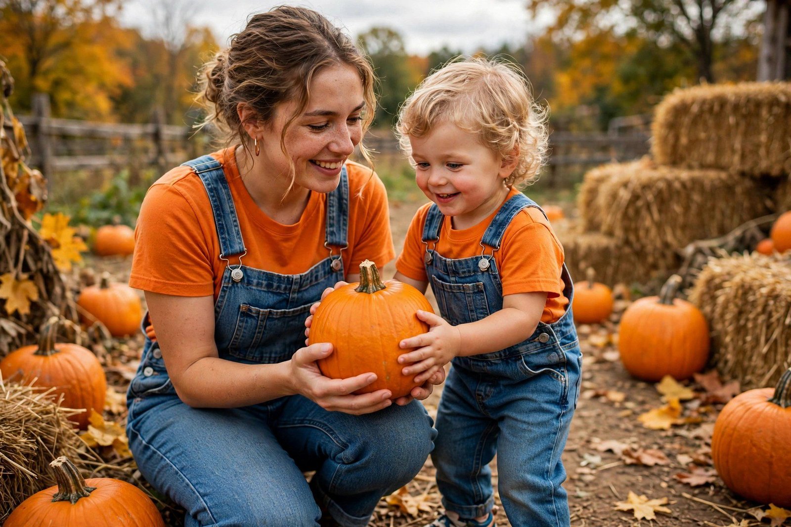 Mom and toddler in denim overalls with pumpkin orange tees