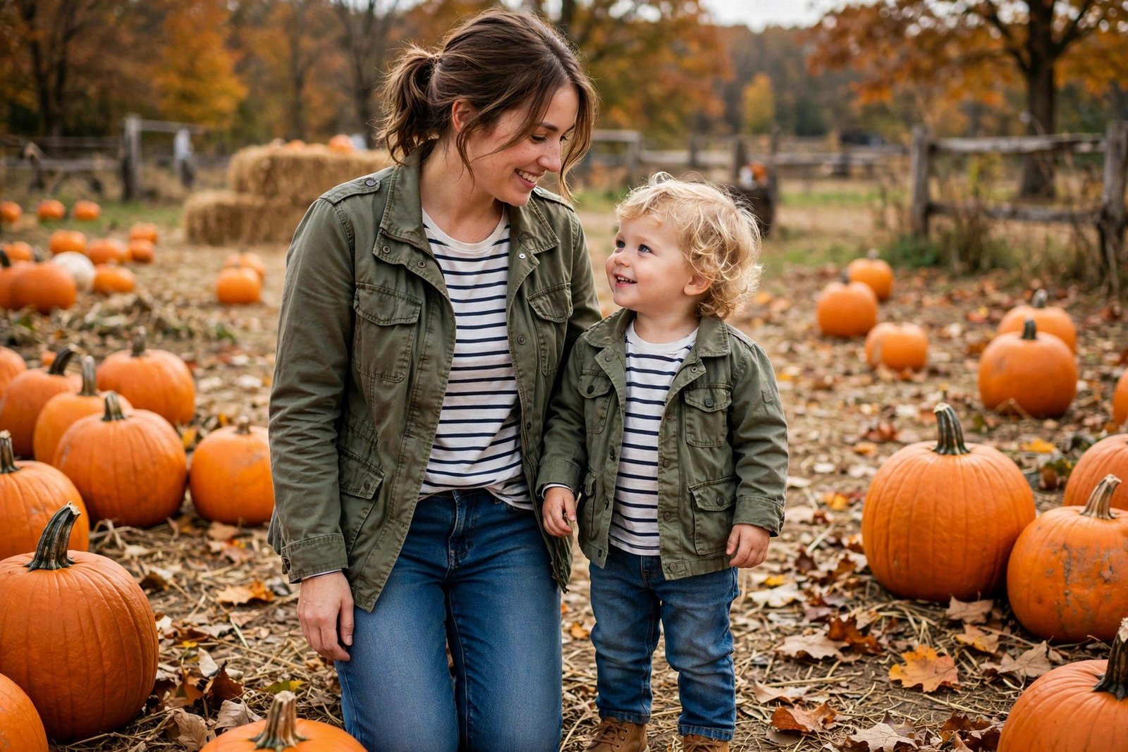 Mom and toddler in olive utility jackets and striped tees
