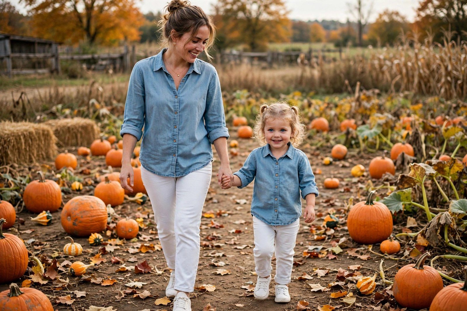 Mom and toddler in chambray shirts and white jeans