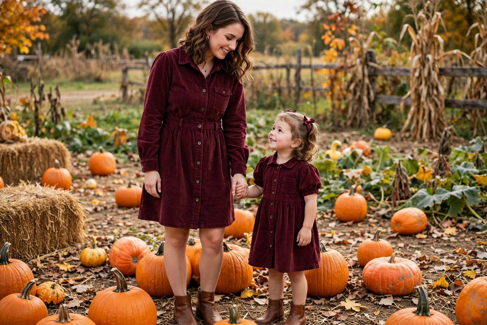 Mom and toddler in matching burgundy corduroy dresses