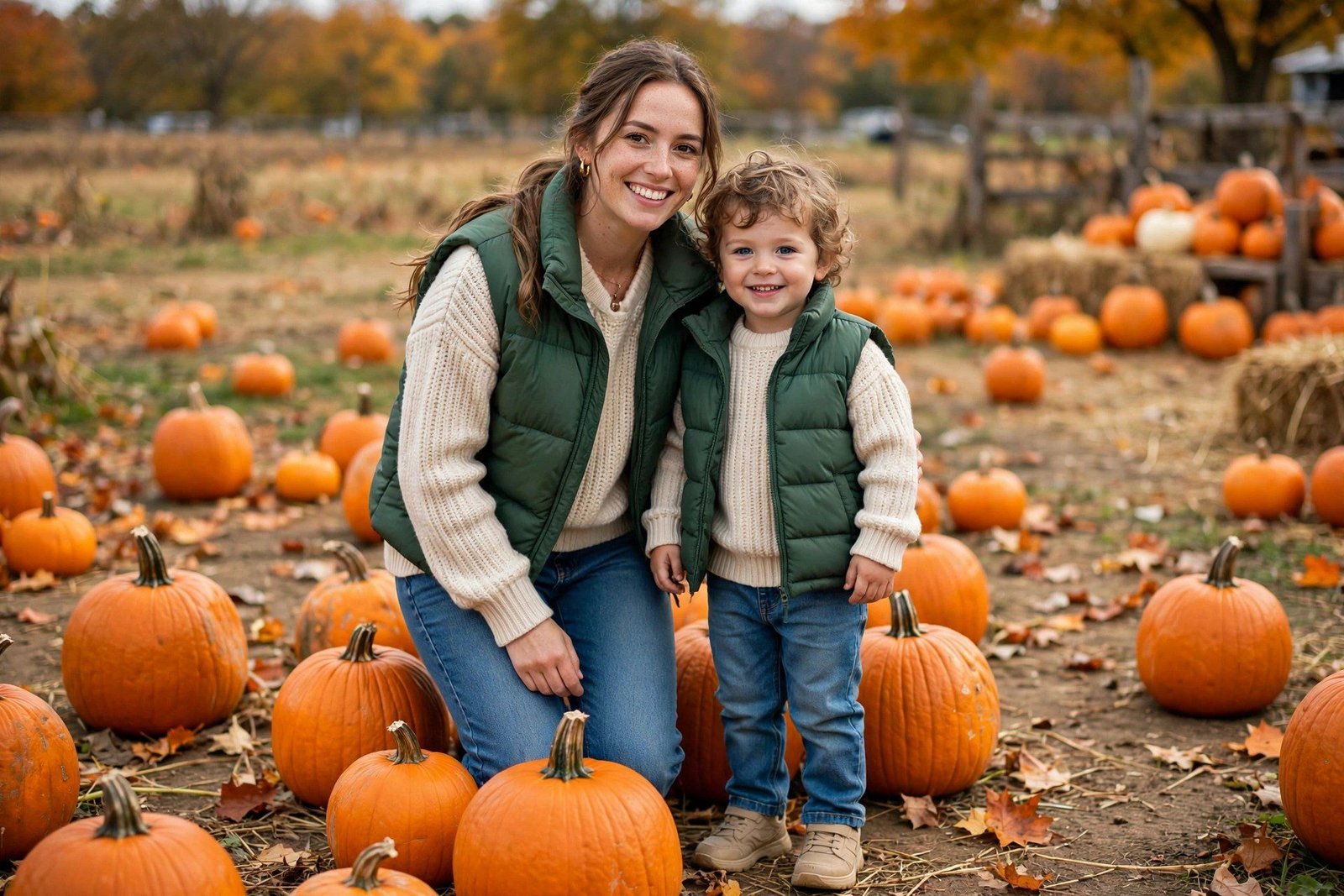 Mom and toddler in forest green puffer vests and jeans