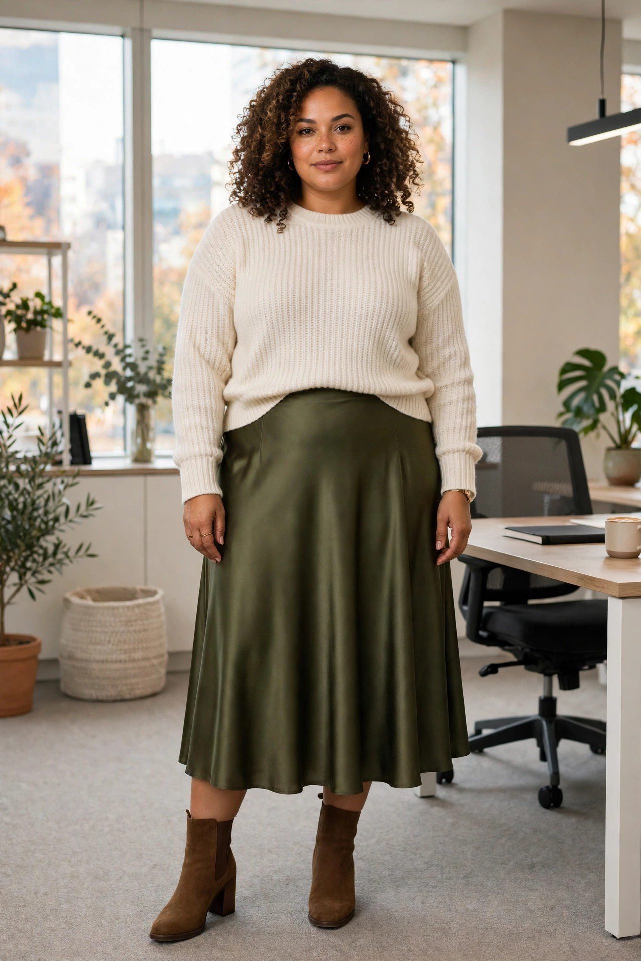 Plus size woman in olive satin midi skirt with tucked in sweater office outfit