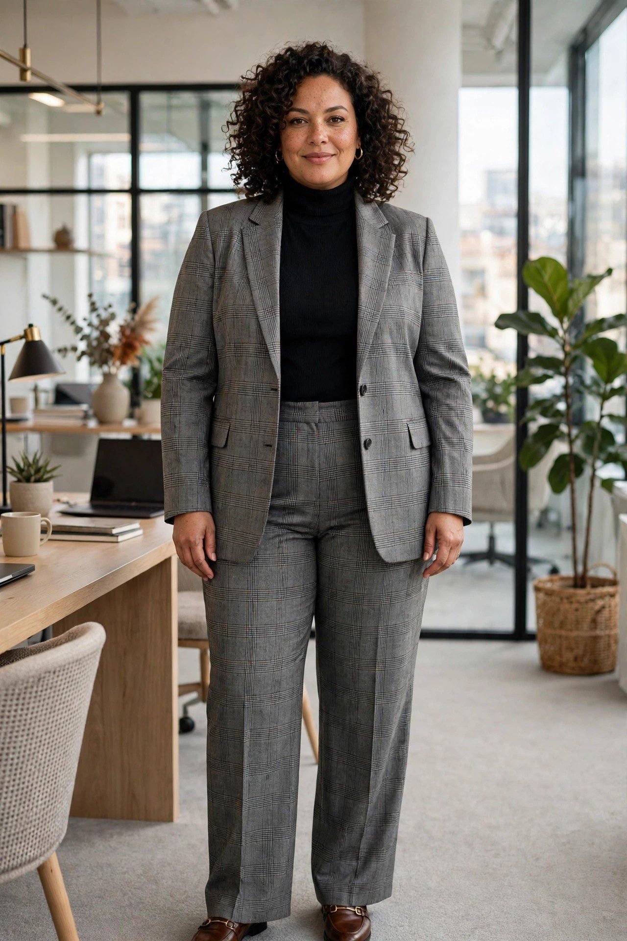 Plus size woman in grey plaid suit with turtleneck office outfit