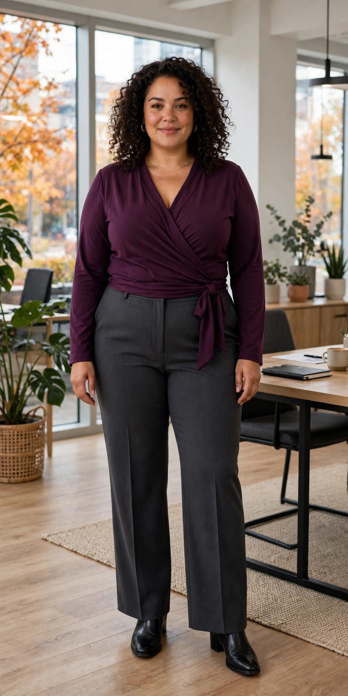 Plus size woman in deep plum wrap top with charcoal trousers office outfit
