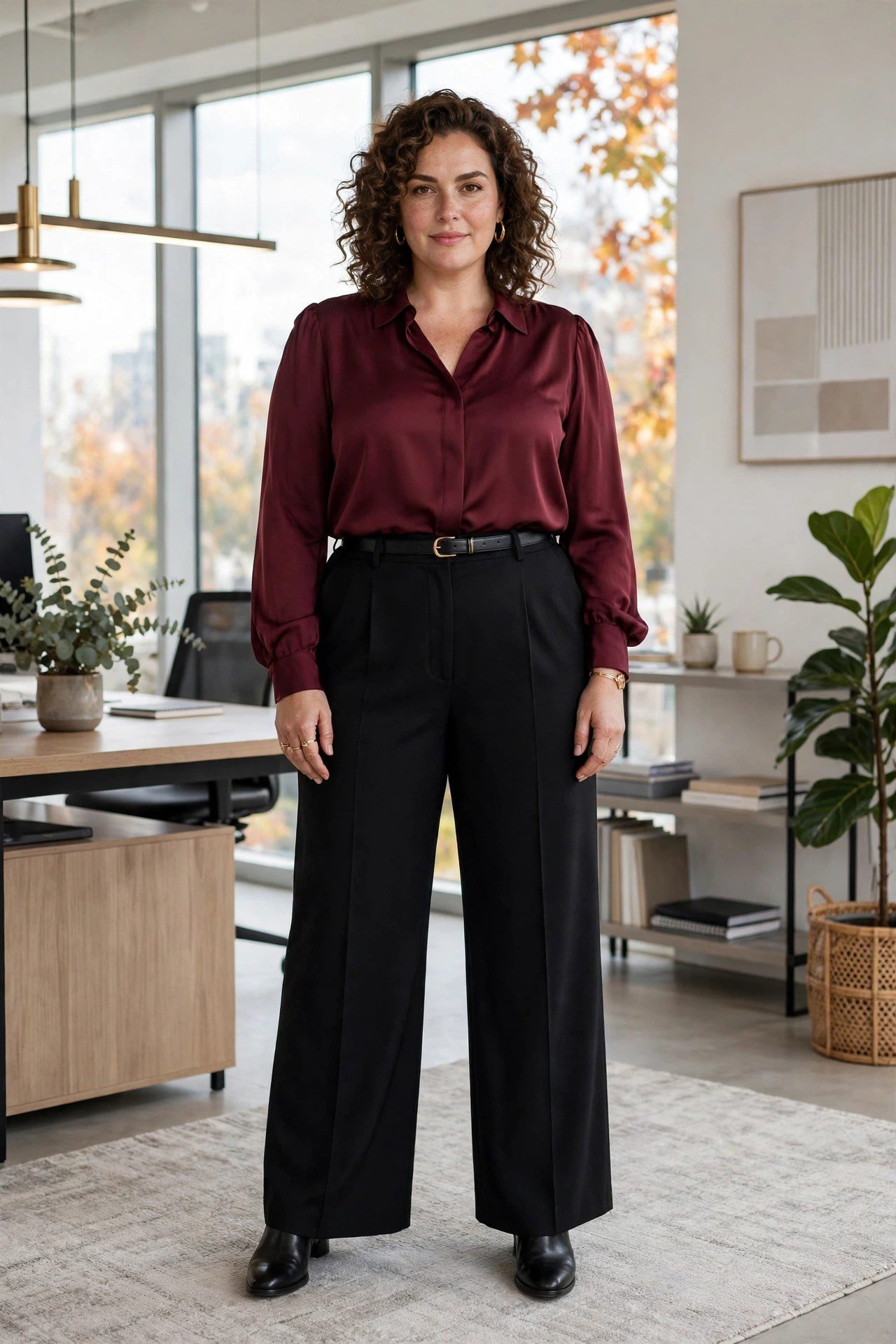 Plus size woman in burgundy blouse with black wide leg trousers