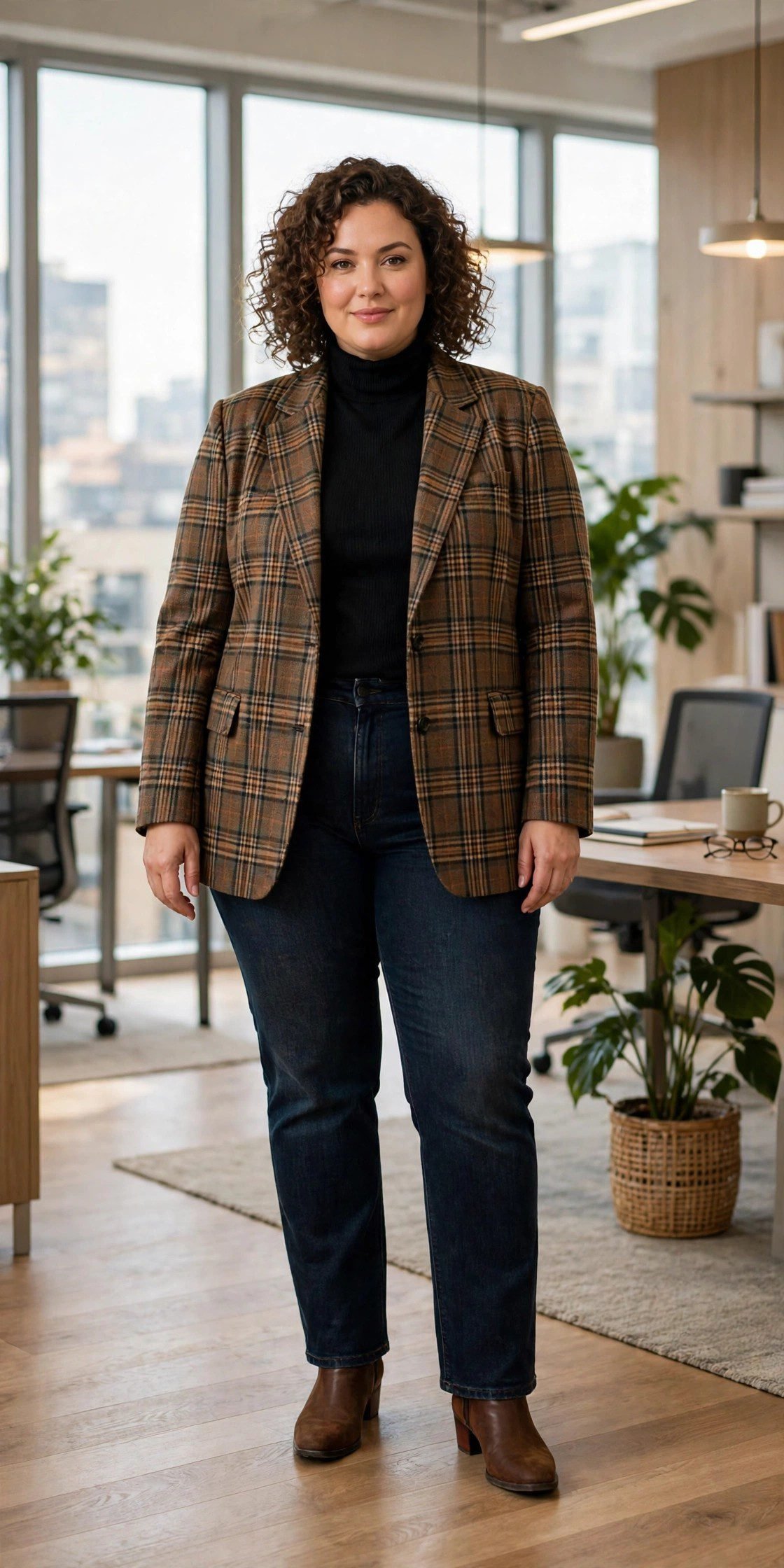 Plus size woman in plaid blazer with black turtleneck and jeans