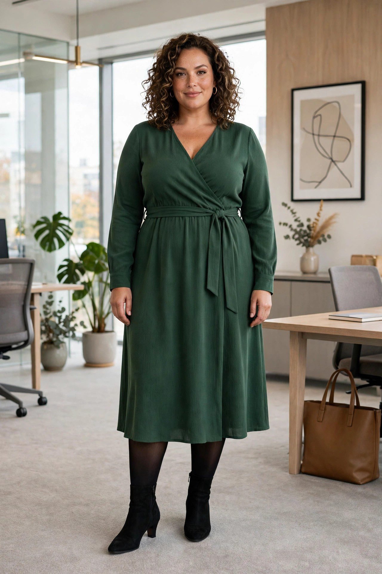 Plus size woman in forest green midi dress with black tights office outfit