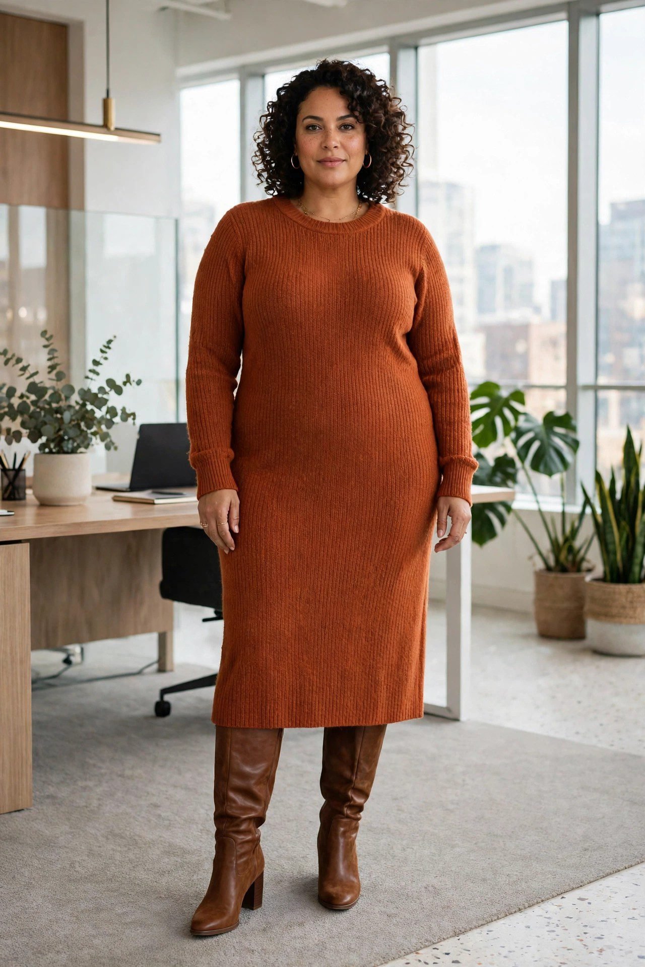Plus size woman in rust knit midi dress with knee high boots