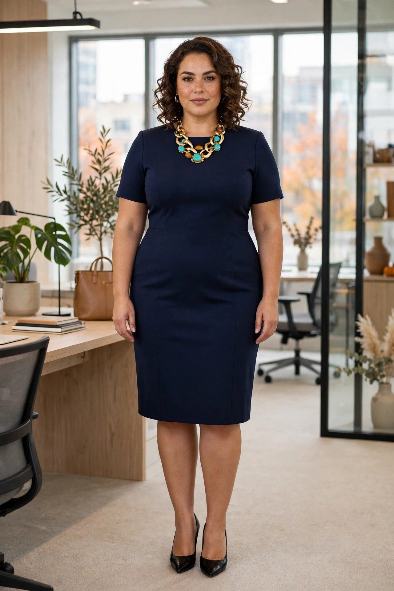 Plus size woman in navy sheath dress with statement necklace