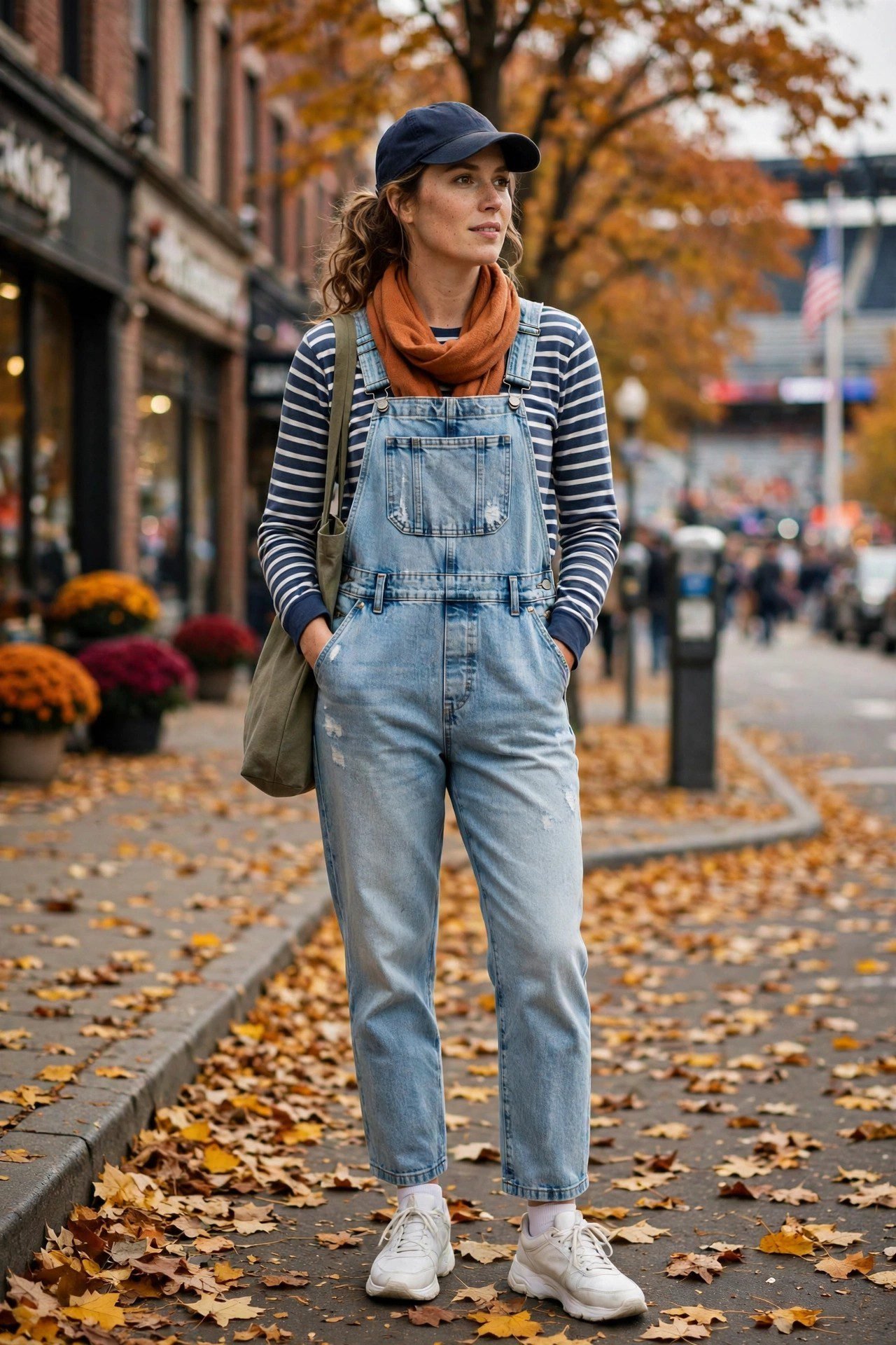 Woman wearing denim overalls with a striped top for fall game day
