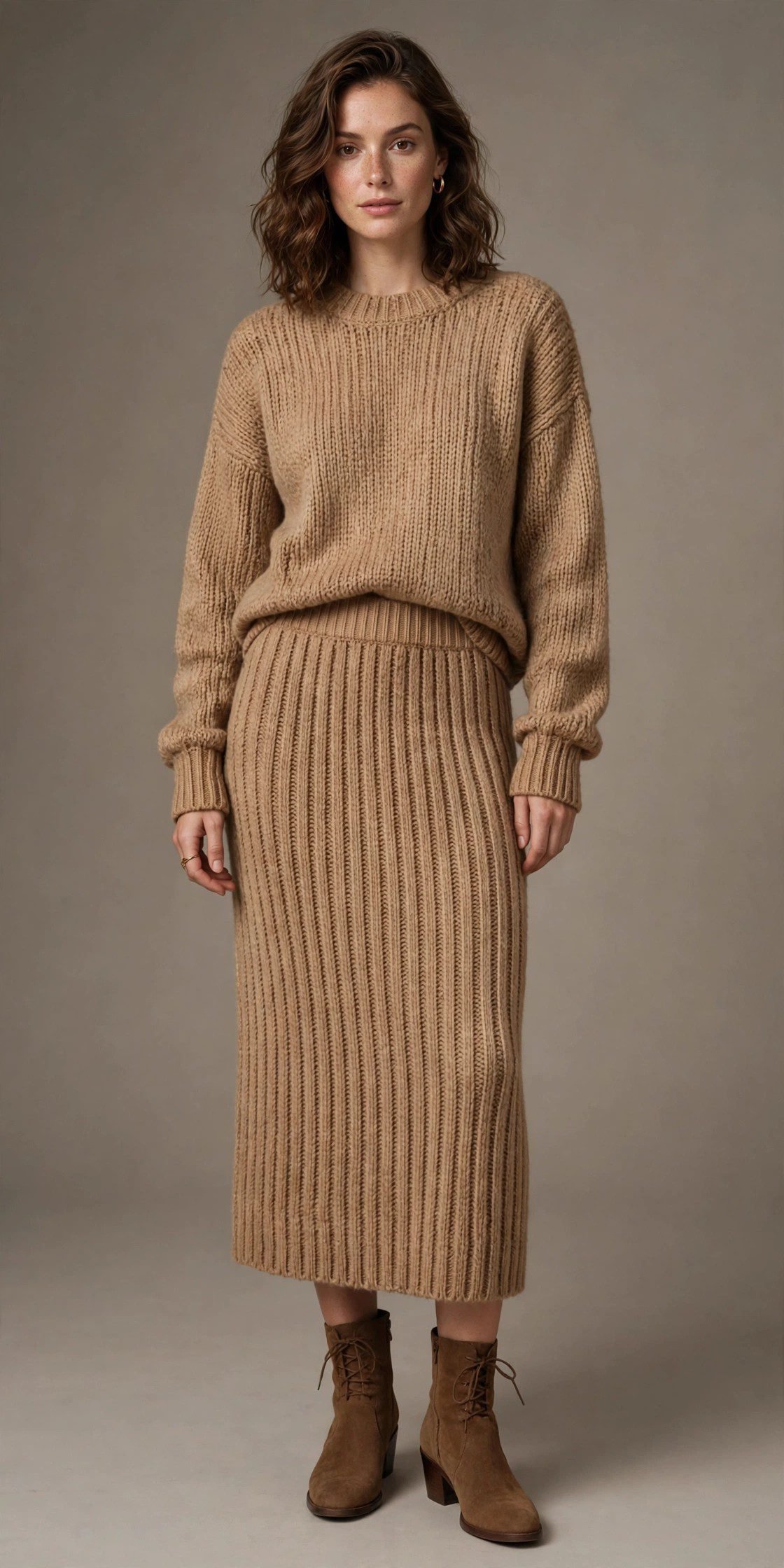 Woman in a matching knit sweater and skirt set for fall game day