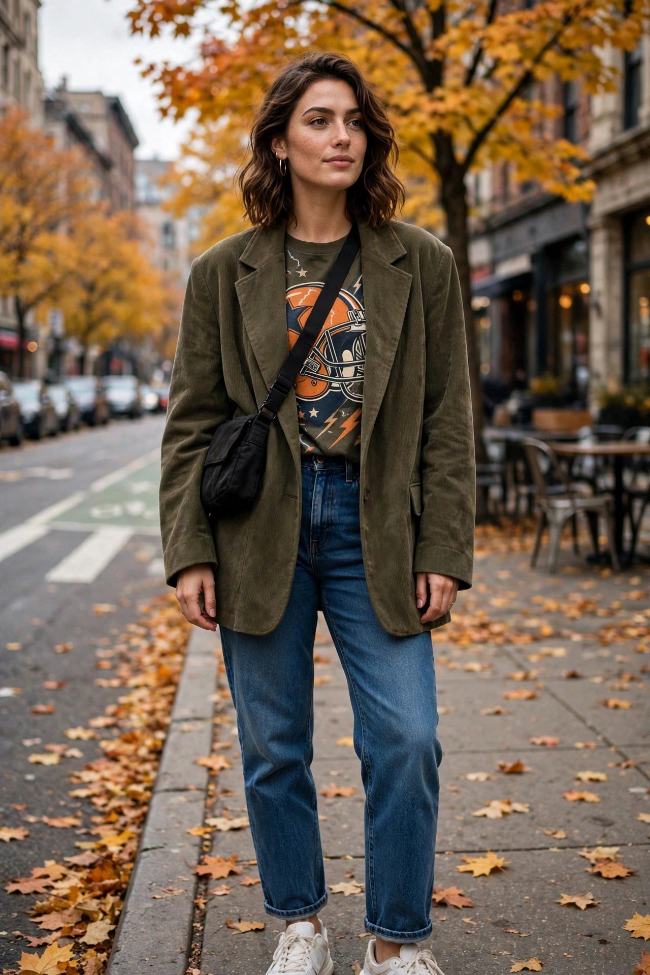 Woman in an oversized blazer over a graphic tee with jeans for fall game day