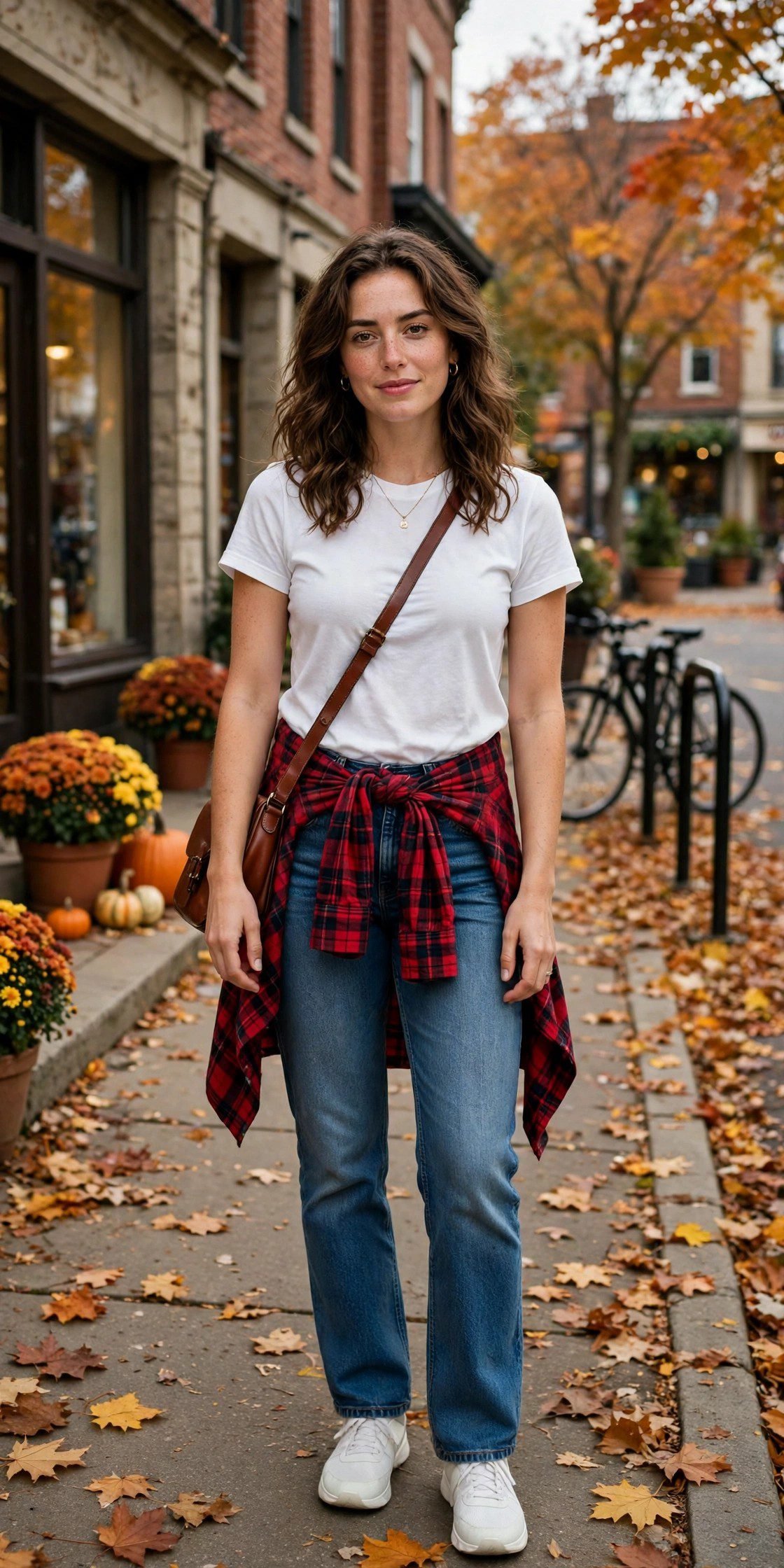 Woman in a flannel shirt with jeans at a fall tailgate